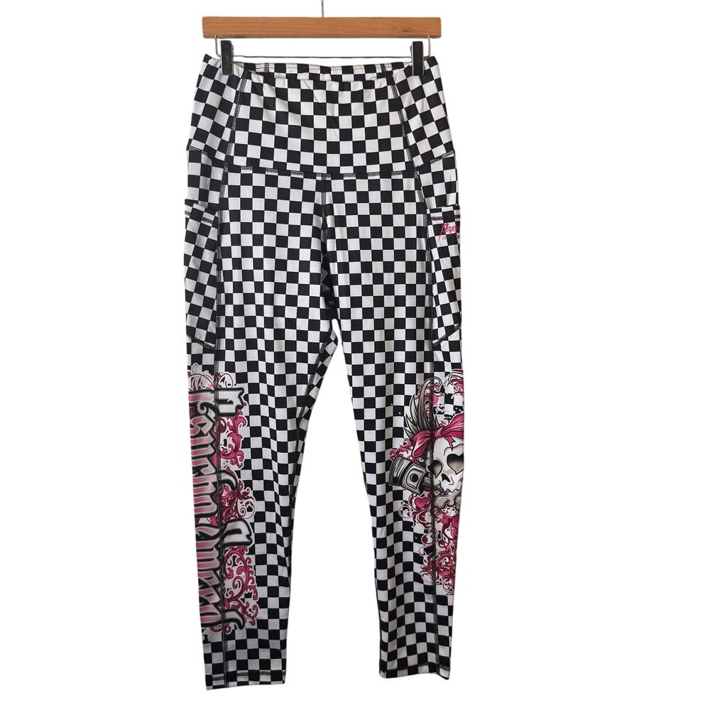 Psycho Speed Women's Leggings Size XL Check Skull Logo Print Skater Punk Racing